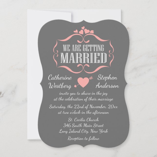 Cute Pink And Grey Wedding Hearts - Grey Invitation (Front)