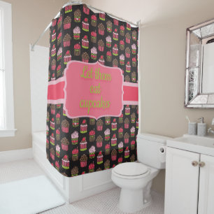 Cute Pink and Lime Green Cupcakes on Black Shower Curtain