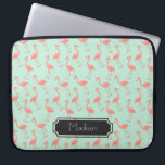Cute Pink and Mint Flamingo Pattern | Add Name Laptop Sleeve<br><div class="desc">This is a drawing of a flamingo bird that was made into a pattern. The background is a pretty mint colour.  There is a frame in the design where you can have your name printed.</div>