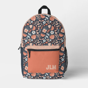 Cute Pink and Navy Blue Floral Pattern Monogram Printed Backpack