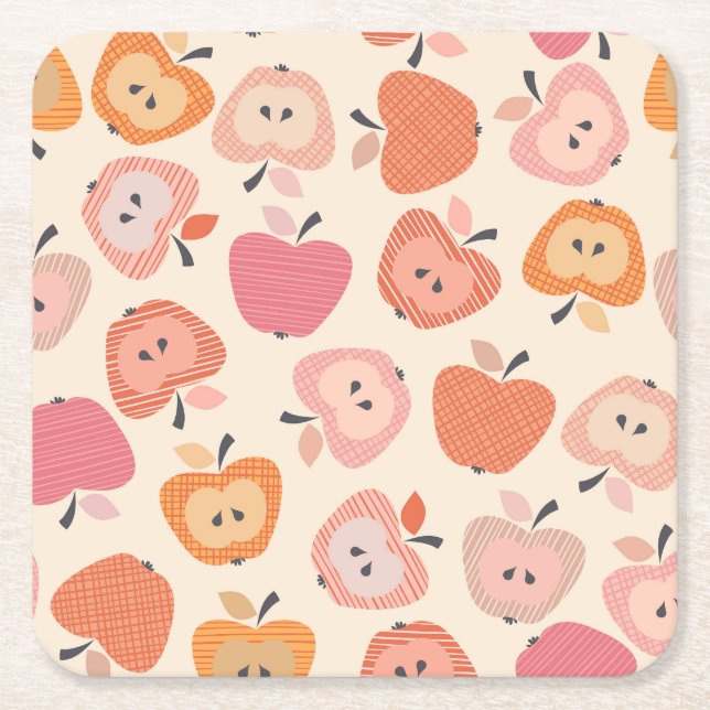 Cute pink and orange apple pattern square paper coaster (Front)