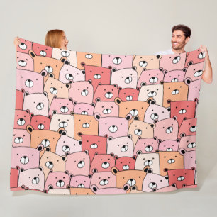 Cute Pink and Orange Bears Fleece Blanket
