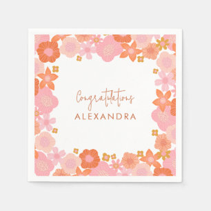 Cute Pink and Orange Floral Border Graduation Napkin