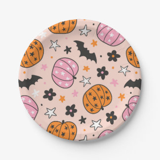 Cute Pink and Orange Halloween Pumpkin Paper Plate