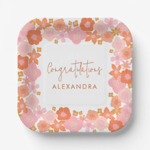 Cute Pink and Orange Retro Floral Graduation Paper Plate