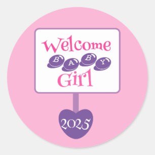 Cute Pink and Purple Baby Girl Shower Signpost Classic Round Sticker