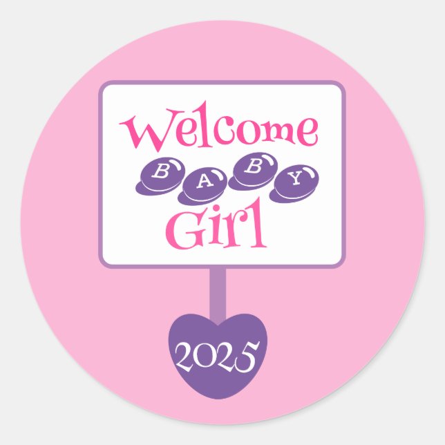 Cute Pink and Purple Baby Girl Shower Signpost Classic Round Sticker (Front)