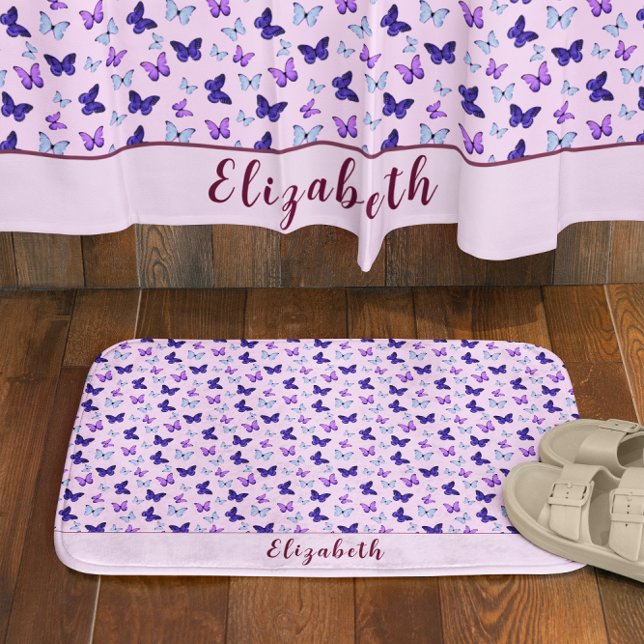 Cute Pink and Purple Butterfly Custom Name Girly Bath Mat (Creator Uploaded)