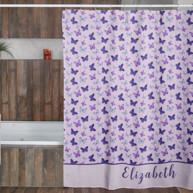 Cute Pink and Purple Butterfly With Name Custom Shower Curtain (Creator Uploaded)