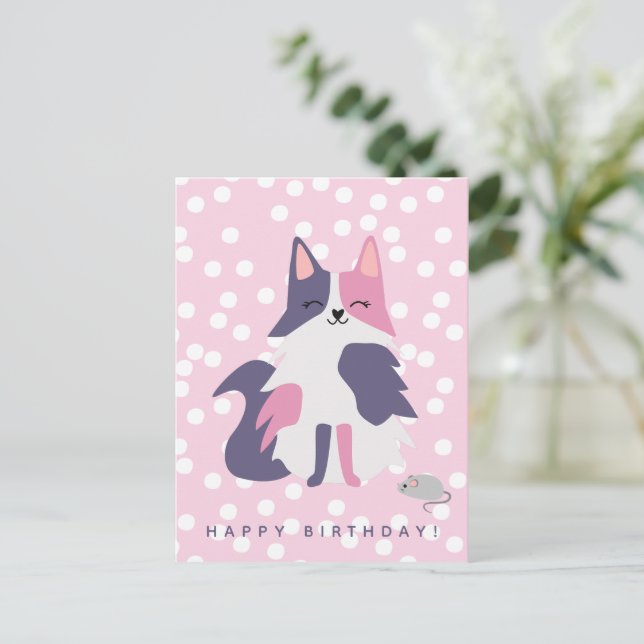 Cute Pink and Purple Cat Kids Birthday Postcard (Standing Front)