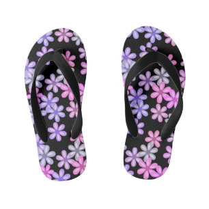 Cute Pink and Purple Flowers on Black Kid's Jandals