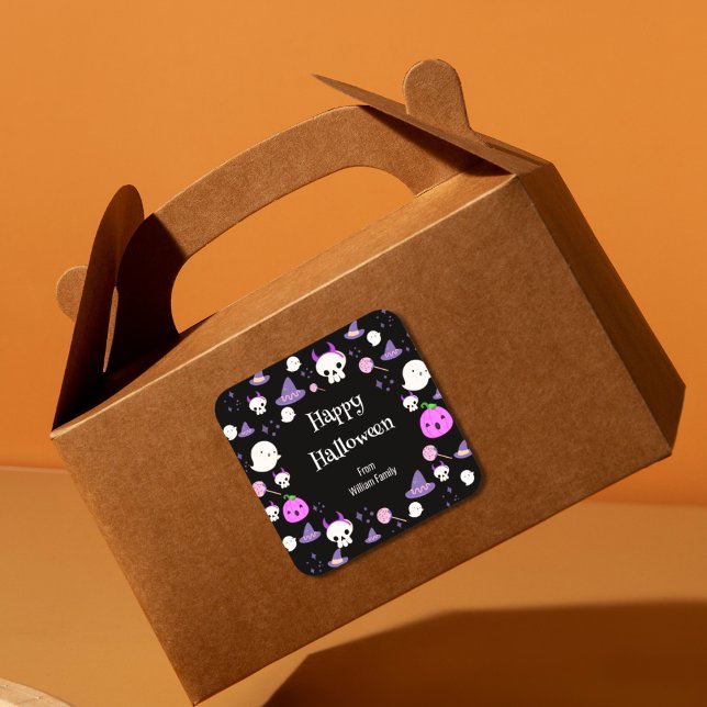 Cute Pink and Purple Ghost Happy Halloween Square Sticker (Happy Halloween designed cute pink & purple ghost, witch  hat, skull, candy)