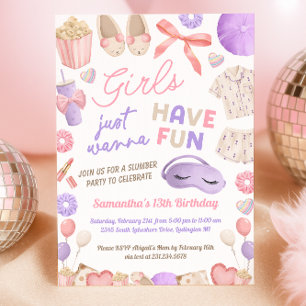 Cute Pink and Purple Slumber Party Birthday Invitation