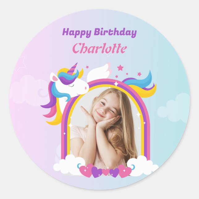 Cute pink and purple unicorn custom photo birthday classic round sticker (Front)