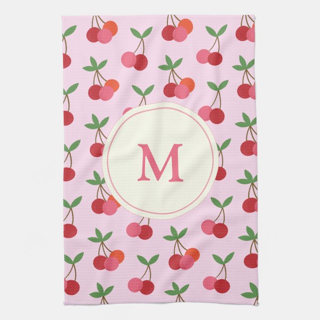 Cute Pink and Red Cherries Pattern Custom Monogram Tea Towel (Vertical)