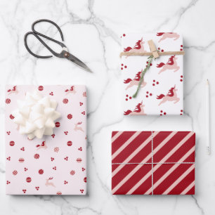 Cute Pink and Red Doodles with Unicorns Pattern Wrapping Paper Sheet