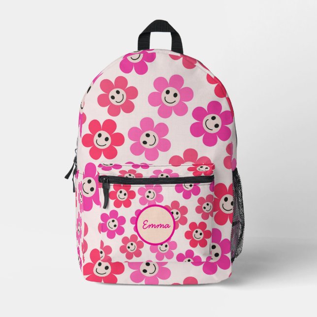 Cute Pink and red Smiling Flowers  Custom Name   Printed Backpack (Front)