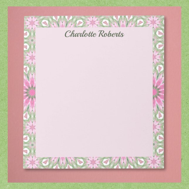 Cute Pink and Sage Pattern Notepad (Notepads available in multiple sizes. Name text is optional, easy to edit/remove.)