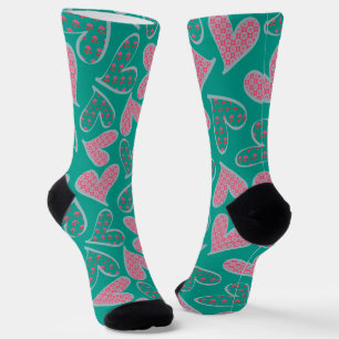 Cute Pink and Teal Floral Hearts Pattern Socks