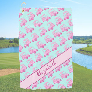 Cute pink and teal golf cart personalized name golf towel