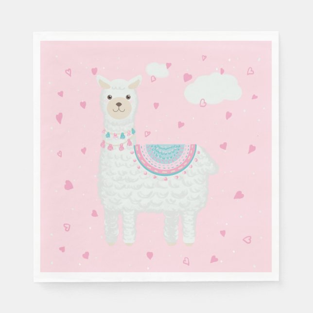  Cute Pink and Turquoise Llama  Paper Plate Napkin (Front)