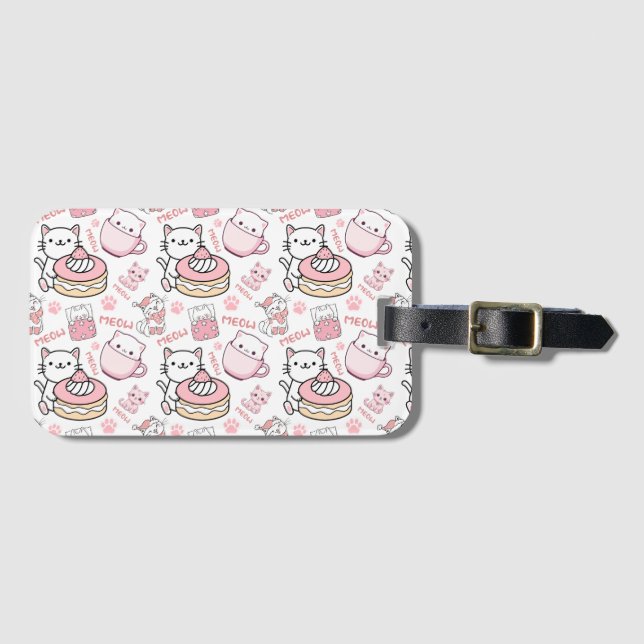 Cute Pink and White Cat Luggage Tag (Front Horizontal)