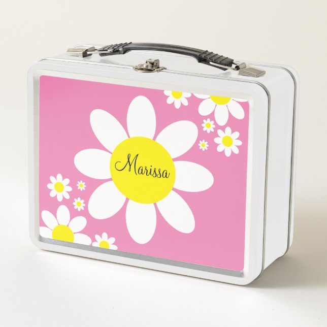 Cute pink and White Daisies Floral Custom Name Metal Lunch Box (Front)