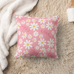 Cute Pink and White Daisy Floral Seamless Pattern Cushion