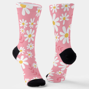 Cute Pink and White Daisy Floral Seamless Pattern Socks