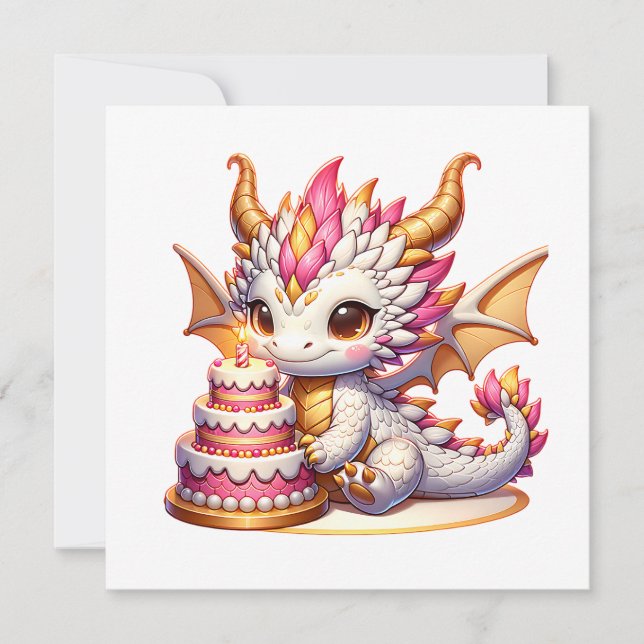 Cute Pink and White Dragon Girl's Birthday Party Invitation (Front)