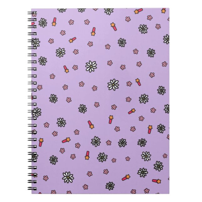 Cute pink and white floral with stars in purple notebook (Front)