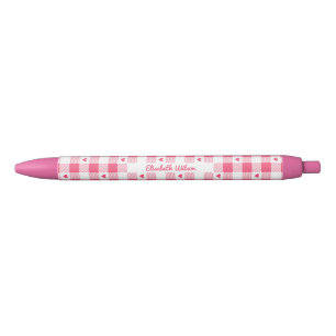 Cute Pink and White Gingham Checkered with Hearts  Black Ink Pen