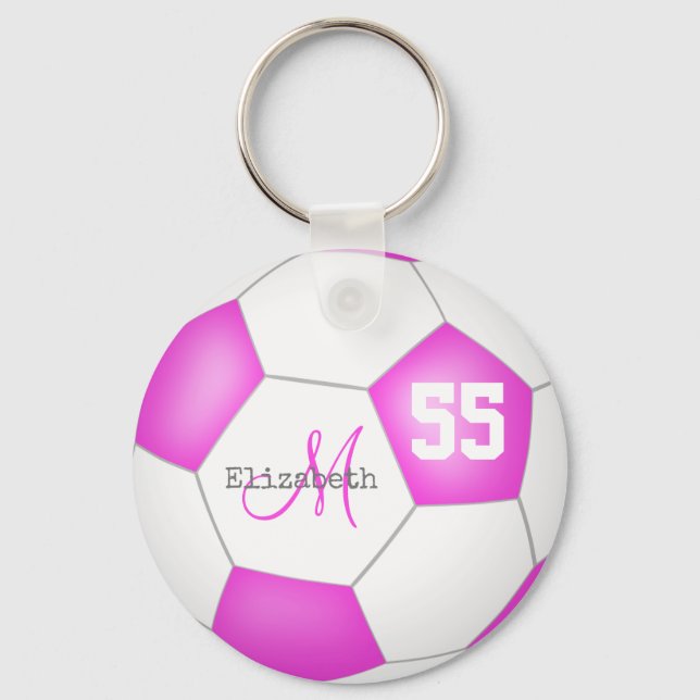 cute pink and white girls' soccer key ring (Front)