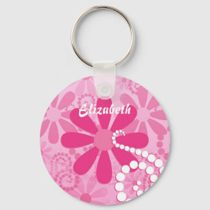 Cute Pink and White Girly Flowers Daisy Pattern Key Ring