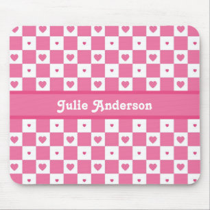 Cute Pink and White Heart Pretty Squares With Name Mouse Pad