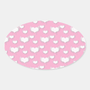Cute Pink and White Hearts with Wings Oval Sticker