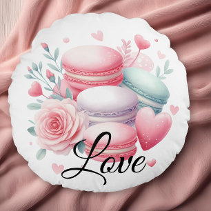 Cute Pink and White Love Macaron & Hearts  Round Cushion
