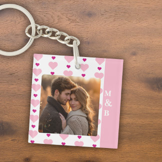 Cute Pink and White Photo Couple Monogram Key Ring