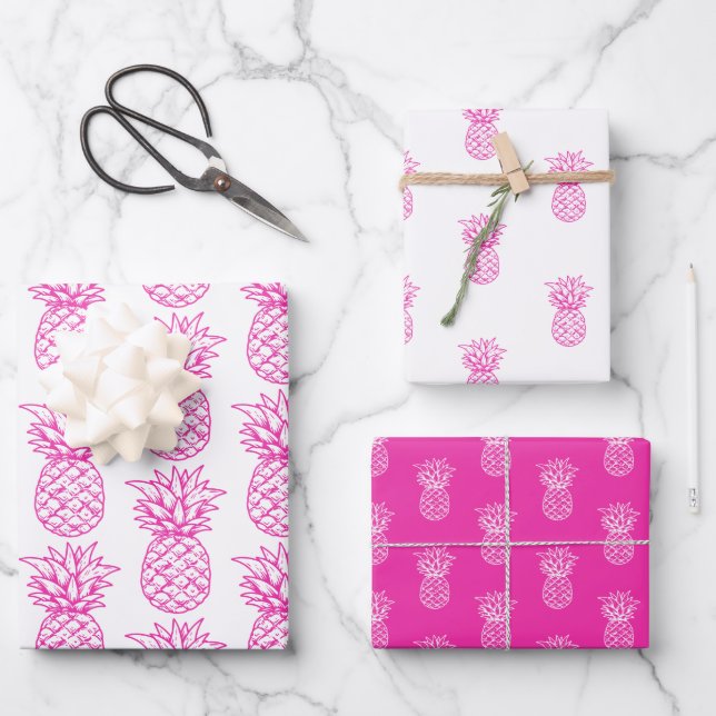 Cute Pink and White Tropical Preppy Pineapples Wrapping Paper Sheet (Front)