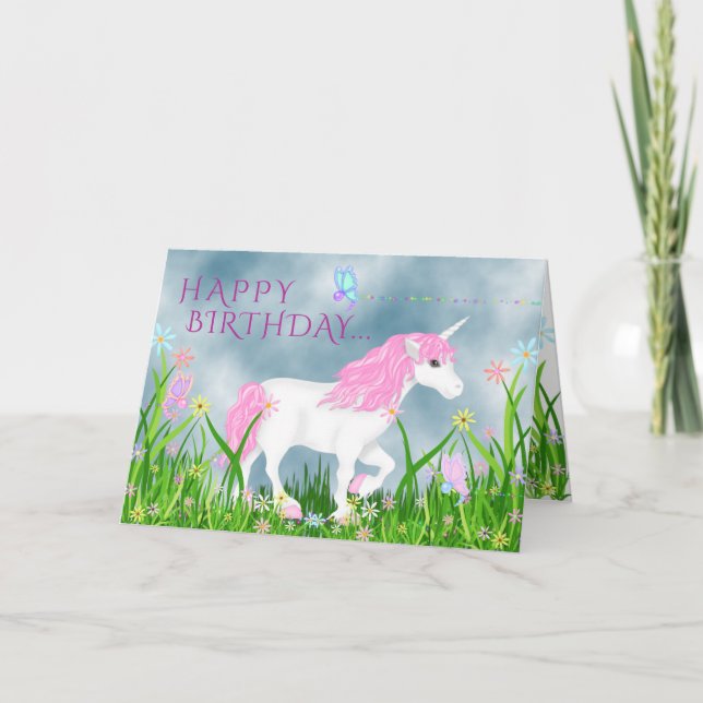 Cute Pink and White Unicorn with Flowers Birthday Card (Front)