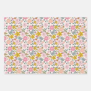 Cute Pink and Yellow Floral Pattern Wrapping Paper Sheet