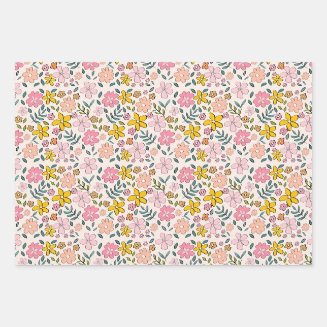 Cute Pink and Yellow Floral Pattern Wrapping Paper Sheet (Front)