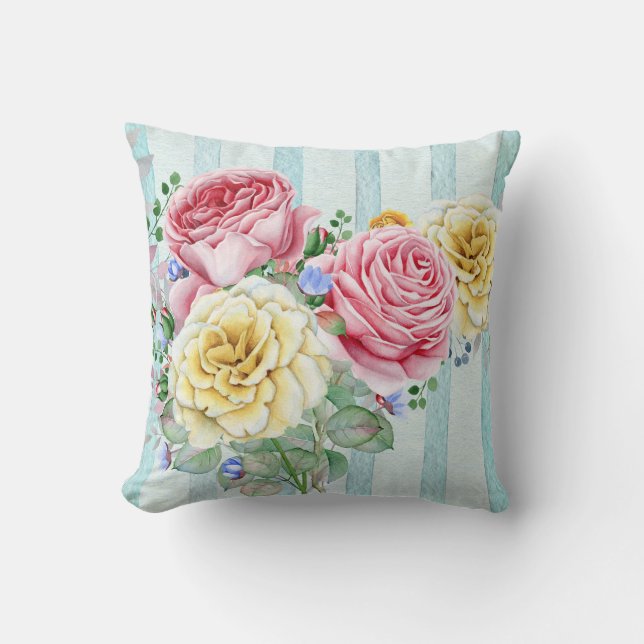 Cute Pink And Yellow Roses With Stripes Cushion (Front)