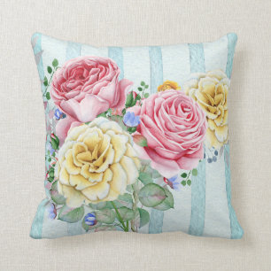 Cute Pink And Yellow Roses With Stripes Cushion