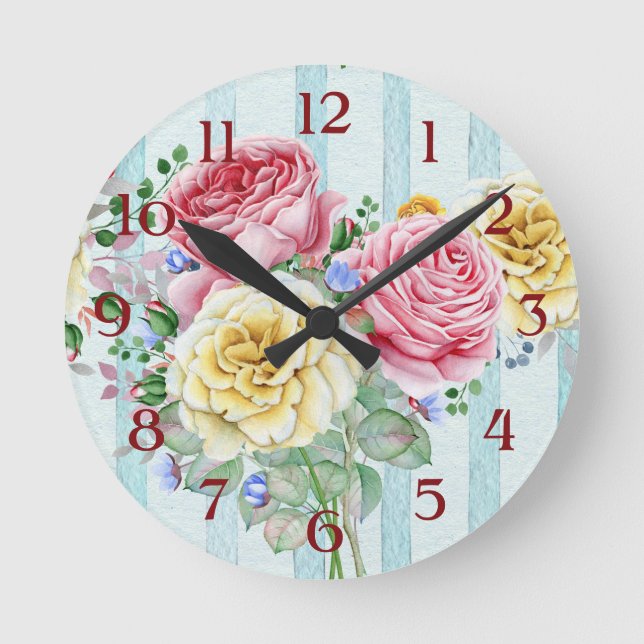 Cute Pink And Yellow Roses With Stripes Design Round Clock (Front)