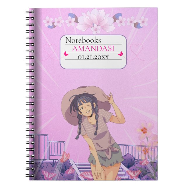 Cute-Pink Anime Girl Floral Aesthetic Notebook (Front)