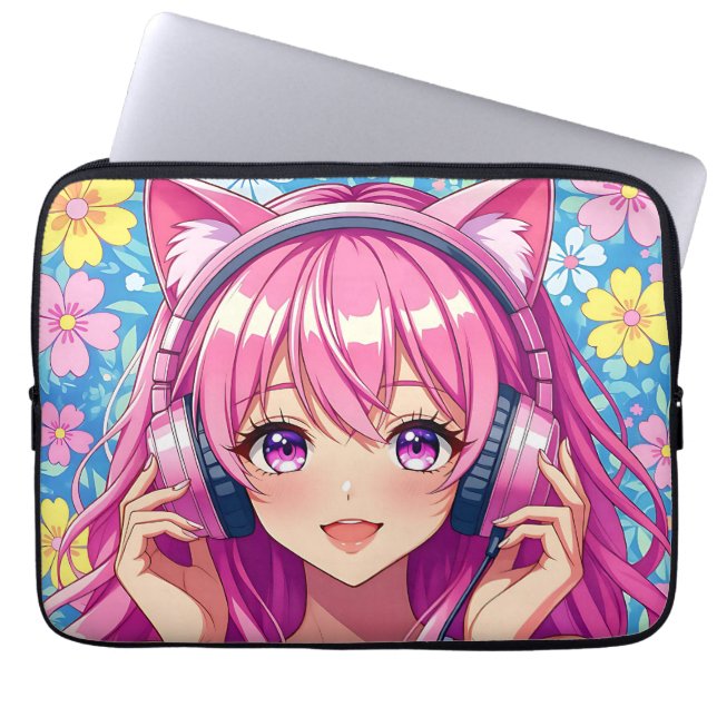 Cute Pink Anime Girl with Headphones Laptop Sleeve (Front)