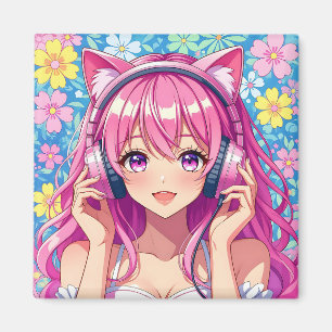 Cute Pink Anime Girl with Headphones Magnet