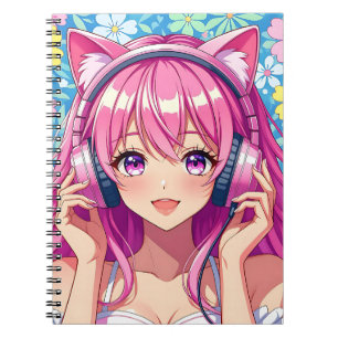 Cute Pink Anime Girl with Headphones Notebook