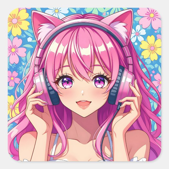 Cute Pink Anime Girl with Headphones Square Sticker (Front)